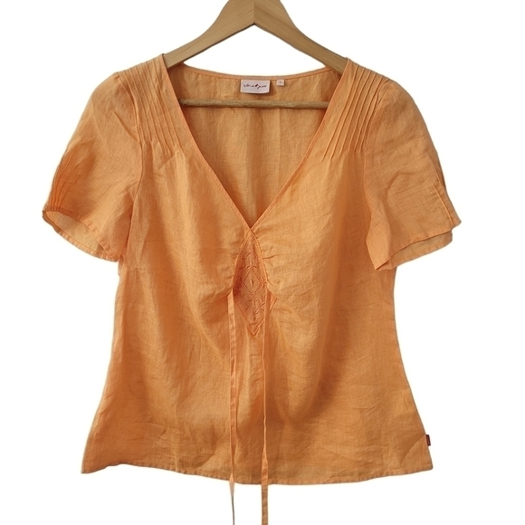Linen SS Tie Waist Blouse Orange Light Pleated V-Neck Tunic SZ 2 - Picture 2 of 9